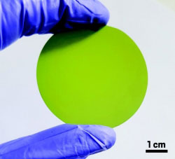 Semiconductor films such as this one, which is 5 cm in diameter, can be made in about 10 minutes. Credit: Nat. Mater. Semiconductor films such as this one, which is 5 cm in diameter, can be made in about 10 minutes. Credit: Nat. Mater.