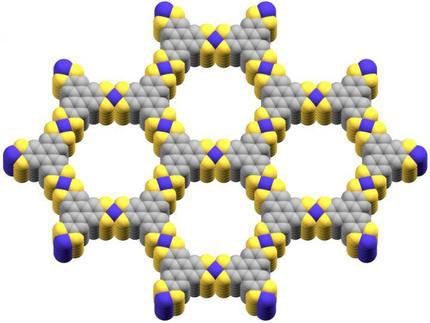 Smaranda Marinescu The cobalt-based metal-organic framework used by the USC scientists, with purple representing cobalt, yellow representing sulfur and gray representing carbon.