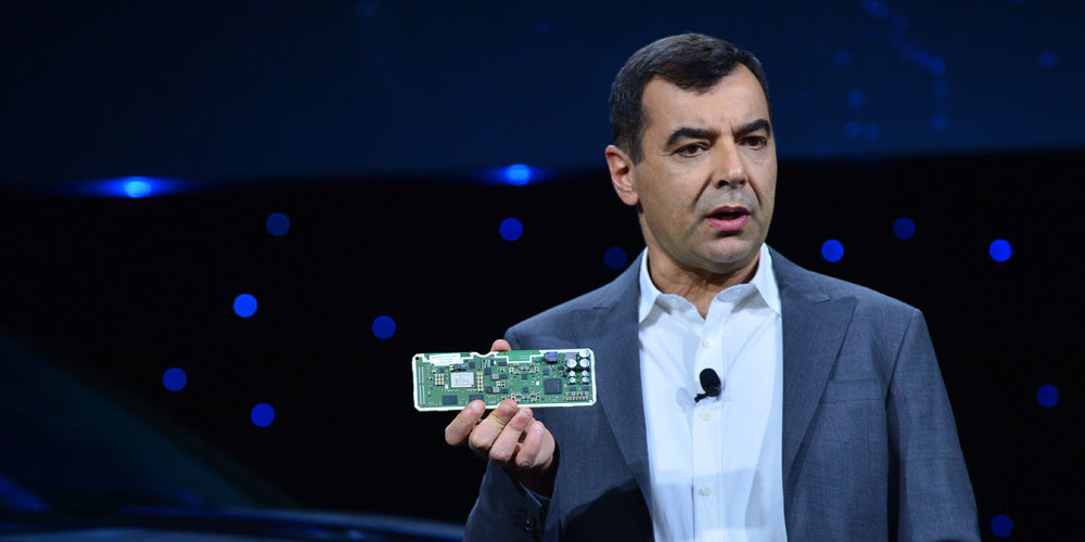 Mobileye President and CEO Prof. Amnon Shashua shows off the EyeQ5 SoC during Intel Corporation’s news event at CES 2019