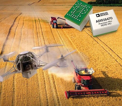 Inertial measurement units supplement satellite navigation to provide precision positioning data for everything from gathering field data to optimized harvesting pathways. (Source: Analog Devices)