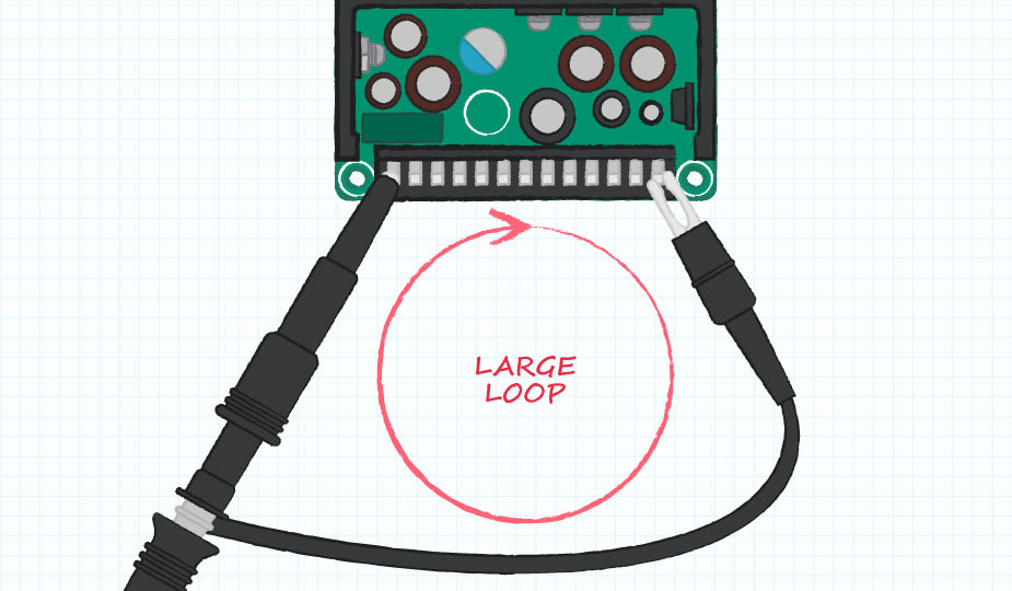 Large ground loop caused by long ground clip