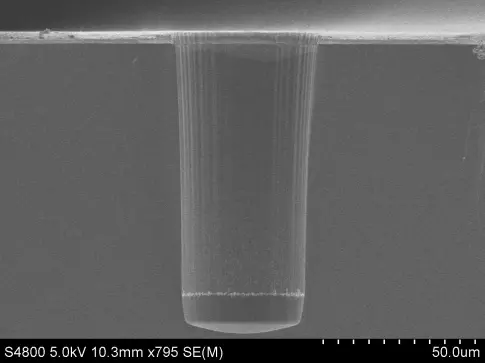 SEM showing smooth via etch through SiC