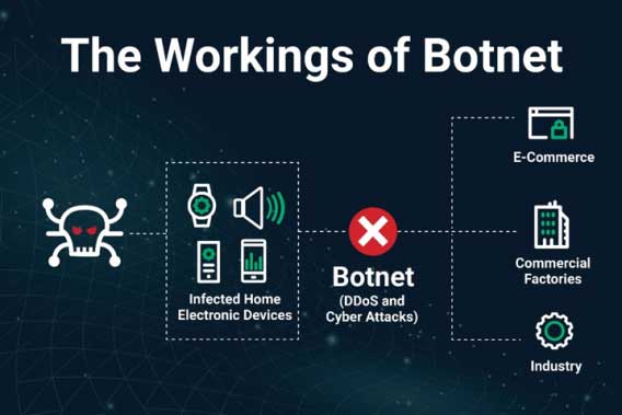 A bad actor or cyber criminal can send infected messages to a home or business network that targets various appliances or machines. Once infected, that machine is under the control of the bad actor and can be used to send out thousands of infected messages to new targets worldwide. The botnets can also send out millions of dummy messages to a single target – overwhelming it and putting it out of service