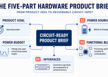Five connected sections - product goal, power source, power budget, functional blocks and interfaces - surround a central circuit-ready product brief.