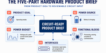 Five connected sections - product goal, power source, power budget, functional blocks and interfaces - surround a central circuit-ready product brief.