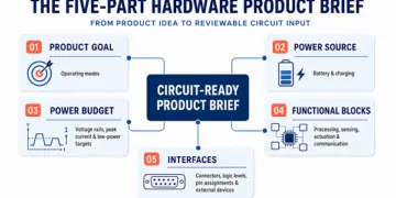 Five connected sections - product goal, power source, power budget, functional blocks and interfaces - surround a central circuit-ready product brief.