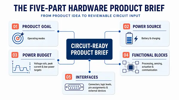 Five connected sections - product goal, power source, power budget, functional blocks and interfaces - surround a central circuit-ready product brief.